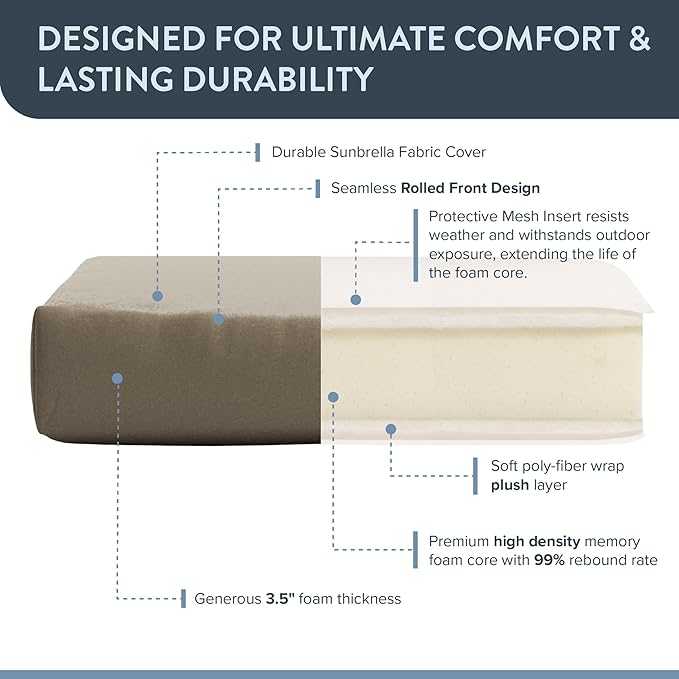 California Umbrella Outdoor Dining Chair, Patio Seat Cushion, 20 x 40 Inch, Premium Outdoor Memory Foam, Fade Resistant Sunbrella Fabric, Fabric Ties,Taupe