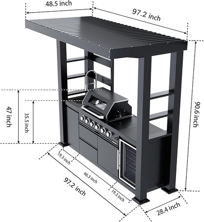 97-inch outdoor kitchen island featuring a 4-burner 72,000 BTU propane stainless steel grill with refrigerator and sink, rotisserie, granite countertop, (Black, 97"(Propane Gas))