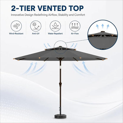 10FT Patio Umbrella, 2 Tier Outdoor Table Umbrella, Large Vented Market Umbrellas with Push Button Tilt and Crank, 8 Sturdy Ribs for Backyard, Deck, Pool, UPF50+ UV Protection