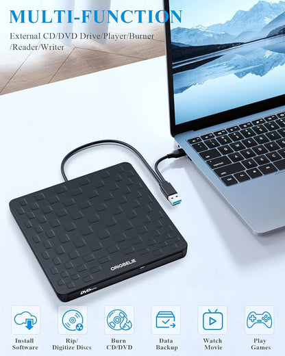 ORIGBELIE External CD DVD Drive for Laptop, USB 3.0 Type-C 13mm DVD Player | Ultra Slim Portable CD DVD +/-RW Drive CD Burner Reader Writer Recorder for Desktop PC Windows 11/10/8/7 Linux Mac OS (Black)