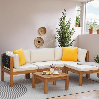 Greesum 5 Pieces Small Patio Sofa, Acacia Wood Outdoor Conversation Sets with Tea Table for Garden Porch and Backyard, Beige