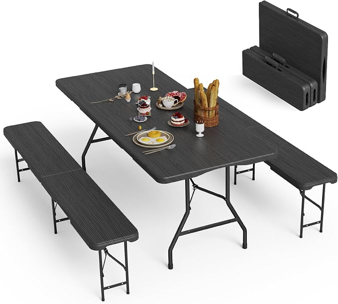 VSOAEIL 6 Foot Folding Picnic Table Set with 2 Benches, HDPE Tree Pattern Top, 3-Piece Portable Indoor Outdoor Furniture with Safety Locks & Handle for Party Camping, Black