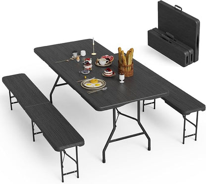 VSOAEIL 6 Foot Folding Picnic Table Set with 2 Benches, HDPE Tree Pattern Top, 3-Piece Portable Indoor Outdoor Furniture with Safety Locks & Handle for Party Camping, Black