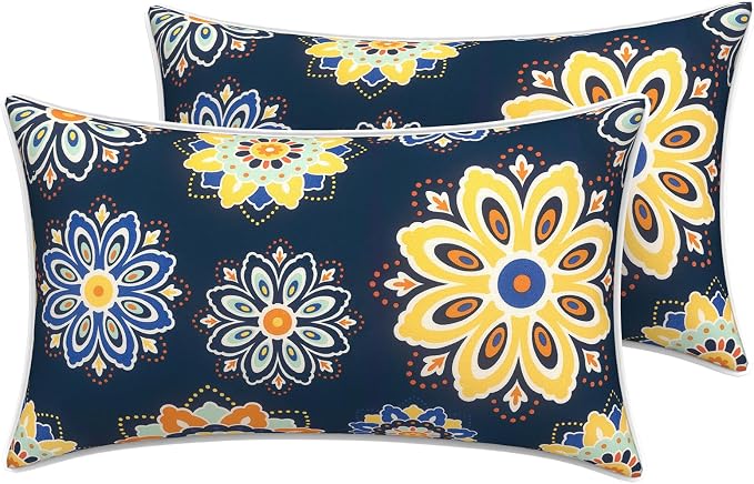 LVTXIII 2 Pack Outdoor Lumbar Pillow Covers 12x20 Inch with Piping, Water-Repellent Back Cushion Covers ONLY for Patio Furniture, Sofa, Garden Bench, Bloom Cobalt
