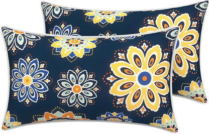 LVTXIII 2 Pack Outdoor Lumbar Pillow Covers 12x20 Inch with Piping, Water-Repellent Back Cushion Covers ONLY for Patio Furniture, Sofa, Garden Bench, Bloom Cobalt
