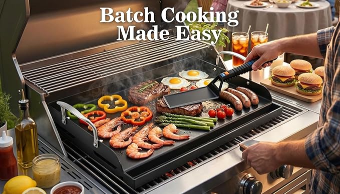 QuliMetal 17" x 13" Cast Iron Grill Griddle Kit, Pre-Seasoned Flat Top Griddle Plate with Scratch-Safe Tools, Universal Outdoor Griddle for Gas and Charcoal Grills, Camping, BBQ and Tailgating