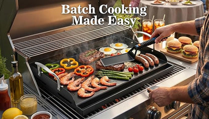 QuliMetal 17" x 13" Cast Iron Grill Griddle Kit, Pre-Seasoned Flat Top Griddle Plate with Scratch-Safe Tools, Universal Outdoor Griddle for Gas and Charcoal Grills, Camping, BBQ and Tailgating