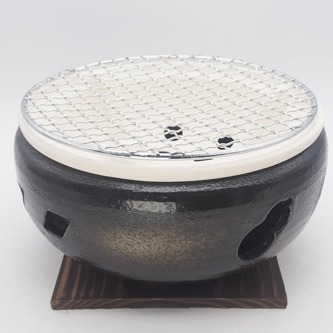 Japanese Tabletop BBQ Charcoal Grill Water Stove - with Metal Grate and Wood Base - 7.87 x 7.87 in - Made in Japan