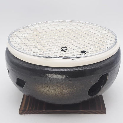 Japanese Tabletop BBQ Charcoal Grill Water Stove - with Metal Grate and Wood Base - 7.87 x 7.87 in - Made in Japan