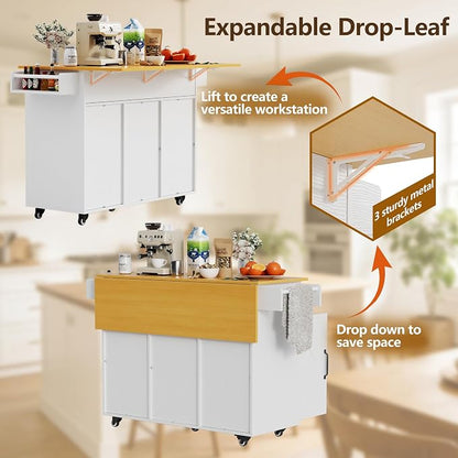 YESHOMY Kitchen Island on Wheels with Trash Cabinet, White & Brown | 56" Mobile Cart with Drop Leaf and Drawers, Rolling Portable Table with Spice Rack & Towel Holder for Dining Room