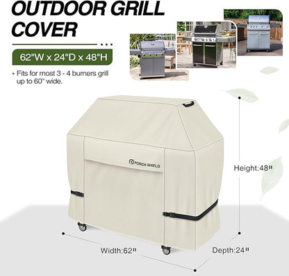 Porch Shield 62W x 24D x 48H inch Premium Gas Grill Cover Up to 60 inch, Waterproof and Fade Resistant 600D BBQ Covers for Weber, Brinkmann, Char-Broil and More, Light Tan