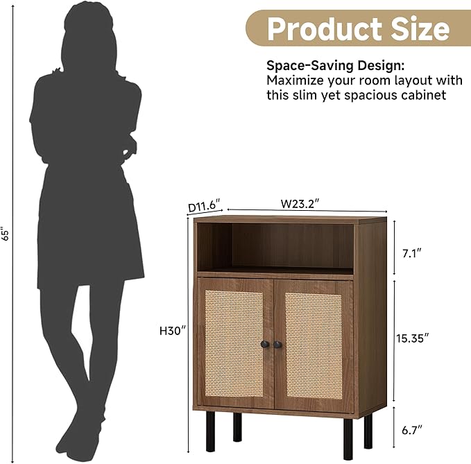 Rattan Storage Cabinet, Boho Accent Cabinet with Double Doors | Small Freestanding Sideboard for Hallway, Laundry Room,Kitchen, Dining Room, Entryway (Walnut)