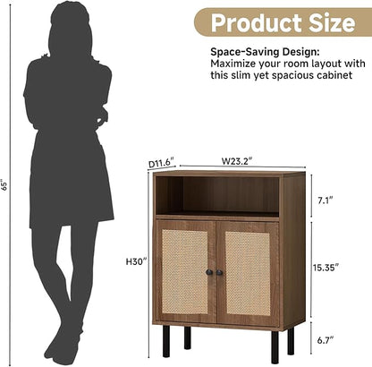 Rattan Storage Cabinet, Boho Accent Cabinet with Double Doors | Small Freestanding Sideboard for Hallway, Laundry Room,Kitchen, Dining Room, Entryway (Walnut)