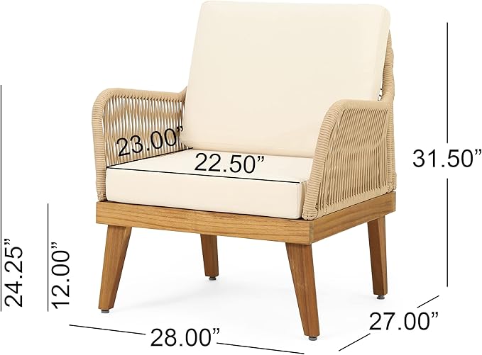VilroCaz 4-Pieces Acacia Wood Patio Furniture Set, All-Weather Outdoor Patio Conversation Set with Coffee Table and Soft Cushions, Rope Weave Porch Chairs for Garden Backyard Porch Balcony