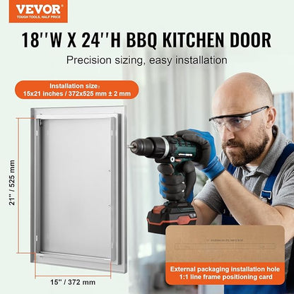 VEVOR BBQ Access Door, 18W x 24H Inch Single Outdoor Kitchen, Stainless Steel Flush Mount, Wall Vertical With Handle, for BBQ Island, Grilling Station, Outside Cabinet