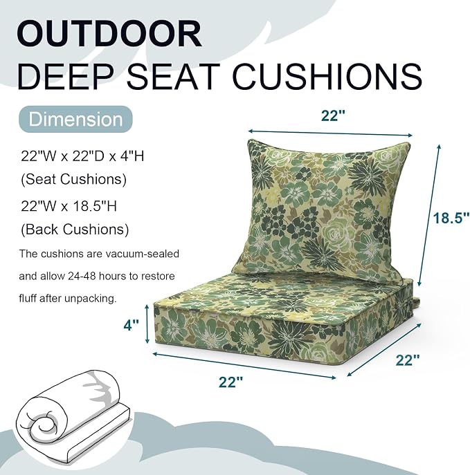 DYTXIII Outdoor Deep Seat Cushion Set, Water Repellent 22"x22" Patio Thick Cushions Replacement with Seat & Back Pillow for Patio Sofa, Wicker Chair, Couch - Green Rose