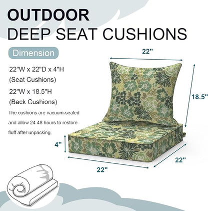 DYTXIII Outdoor Deep Seat Cushion Set, Water Repellent 22"x22" Patio Thick Cushions Replacement with Seat & Back Pillow for Patio Sofa, Wicker Chair, Couch - Green Rose