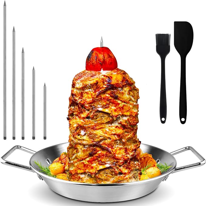 Al Pastor Skewer for Grill, 304 Stainless Steel Vertical BBQ Stand with 3 Removable Spikes (6",8",10",12",14") - Heavy-Duty Shawarma Rotisserie for Tacos, Gyros, Kebabs, Smoker Oven