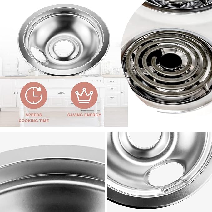 4 Pack Chrome Drip Pans & MP22YA Electric Stoves Burner Elements by Fetechmate, Fit for F-rigidaire Ken-more Electric Stove, Best Value Combo Sets with 25% Thicker Heating Wire for More Stable