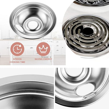 4 Pack Chrome Drip Pans & MP22YA Electric Stoves Burner Elements by Fetechmate, Fit for F-rigidaire Ken-more Electric Stove, Best Value Combo Sets with 25% Thicker Heating Wire for More Stable