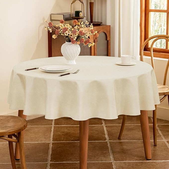 Seenus Textured 60 Inch Beige Round Tablecloth fits 30'' to 48'' Table, Water Resistant and Wipeable Circular Tablecloth, Anti-Scratch Faux Linen Fabric for 2-4 Seats Dining Table Kitchen Patio