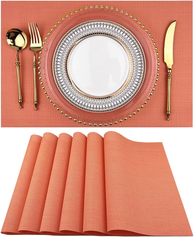 WAZAIGUR Placemats,Easy to Clean Crisscross Woven Vinyl Place Mats Durable Non-Slip Heat Resistant Table Mats,Placemats for Kitchen Table (Orange, 6)