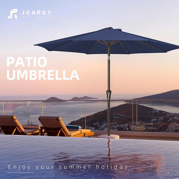 JEAREY 9FT Outdoor Patio Umbrella, Market Umbrella, Deep Blue | Outdoor Table Umbrellas with 8 Sturdy， Tilt & Crank UV Protection Waterproof for Garden, Deck, Backyard, Pool
