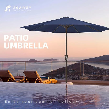 JEAREY 9FT Outdoor Patio Umbrella, Market Umbrella, Deep Blue | Outdoor Table Umbrellas with 8 Sturdy， Tilt & Crank UV Protection Waterproof for Garden, Deck, Backyard, Pool