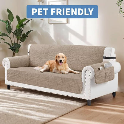 CUCRAF Non Slip Quilted Sofa Cover, Water Resistant Slipcover Furniture Protector for 1 Cushion Sofa Pet Friendly, Washable Couch Cover with Adjustable Elastic Straps (Small Chair, Light Khaki)