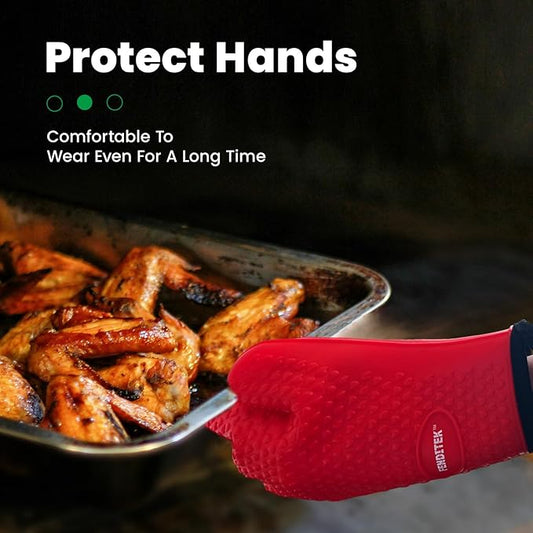 Silicone BBQ Cooking Gloves with Meat Smoker Guide，Heat Resistant Oven Mitts with Fingers，Long Protective Cotton Lined Barbecue Grilling Gloves 1 Pair for Kitchen, Cooking, and Baking Gifts (Red)