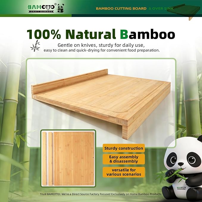 BAMOTTO CRAFTBAMBOO 24x18 Inch Extra Large Bamboo Cutting Board with Detachable Front Lip & Backsplash - Reversible Over The Sink Board, Pasta Maker, Pastry & Carving Board for Home Kitchen