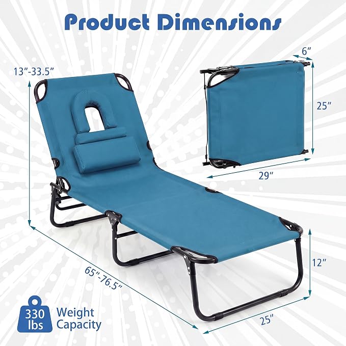 Goplus Tanning Chair, Folding Beach Lounge Chair w/Face Hole, 330LBS Capacity, Removable Pillow, Carry Strap, Adjustable Sunbathing Chair, Patio Chaise Lounger for Outside Lawn Pool Adult