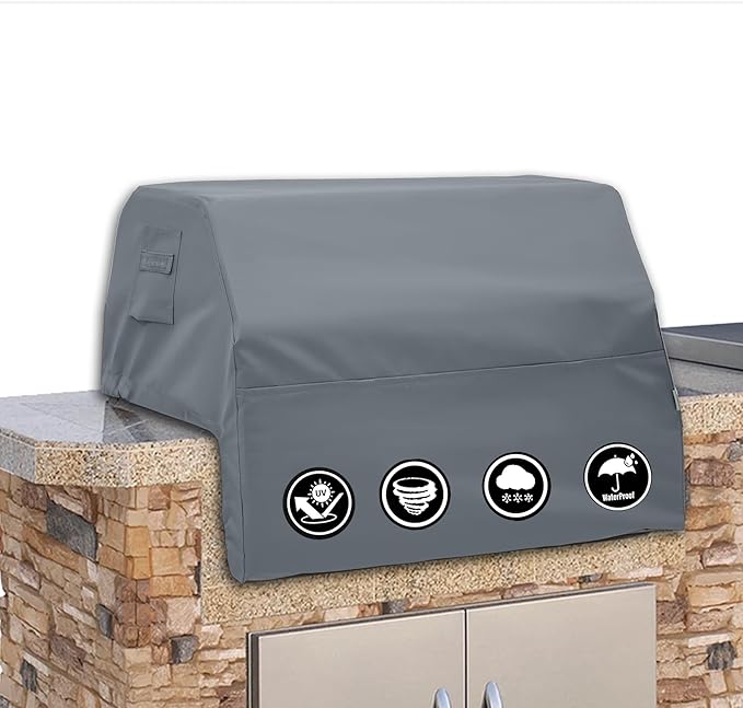 Covers & All Built-in Grill Cover for Outdoor Grill – Heavy Duty 18 oz Waterproof Built-in BBQ Grill Cover, PVC-Coated Polyester with Elastic Hem for Snug Fit (57 x 27 x 26 inches, Grey)