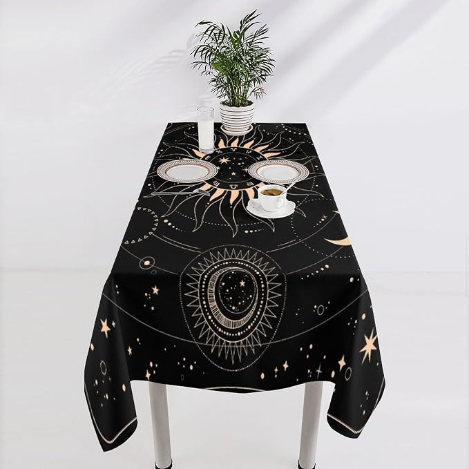 Vintage Tarot Moon Tablecloth Boho Mystical Crescent Cosmic Zodiac Star Galaxy Space Table Cloth Water Resistant Wipeable Table Cover for Picnic Party Holiday Kitchen Dinner Table 60"x120"