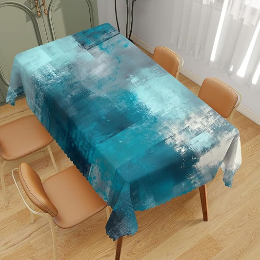 Teal Grey Decorative Rectangle Table Cloth Abstract Art Painting Turquoise Rectangle Tablecloth Picnic Table Cover BBQ Table Cloths Polyester for Kitchen Coffee 52" x 70" 4-6 Seats