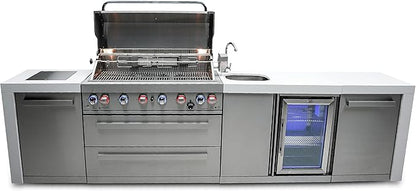 Mont Alpi Premium 132"W Deluxe Stainless Steel Modular Outdoor Kitchen Island with Refrigerator + 44"W 6-Burner BBQ Gas Grill + Faucet & Sink + White Granite Countertops + Storage Cabinets + Cover
