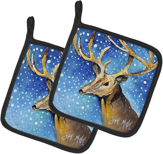 Caroline's Treasures JMK1206PTHD Reindeer Pair of Pot Holders Kitchen Heat Resistant Pot Holders Sets Oven Hot Pads for Cooking Baking BBQ, 7 1/2 x 7 1/2