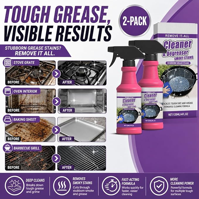 Fast-Acting Heavy-Duty Grill Degreaser Spray, 2Pcs BBQ Heavy Duty Degreaser Grill Cleaner Spray, Grills Cleaner Spray For Outdoor Grills