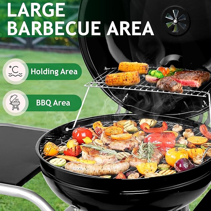 LEADZM 22.5 inch Kettle Charcoal Grill with Side Table&Ash Catcher, Portable Round Barbecue Grill with Wheels for Outdoor, Great for Small Patio Backyard, Camping, Picnics, Backyard BBQs, Black