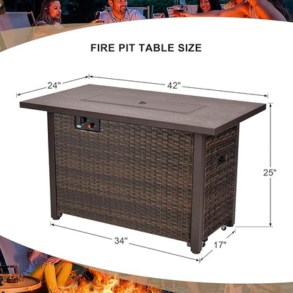 42" Propane Fire Pit, Outdoor Wicker Fire Pit Tables Rectangular Tabletop with Blue Glass Stones, 50000 BTU w/CSA-Certified and Tables for Outside Patio, Backard (Brown)