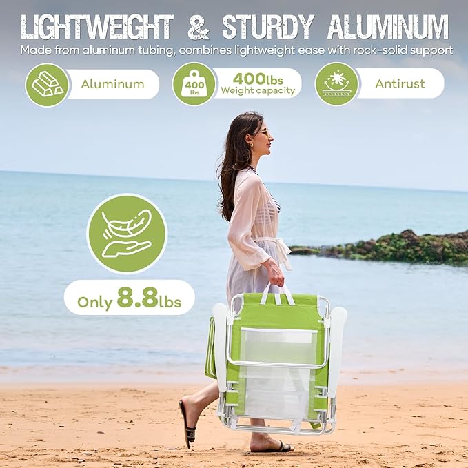 Old Bahama Bay Backpack Beach Chair 2 Pack, Aluminum Lightweight Reclining 5-Position Lounge Chair for Adults Heavy Duty Support 400 LBS Portable Folding with Cooler Bag Camping Chair for Sand Outdoor
