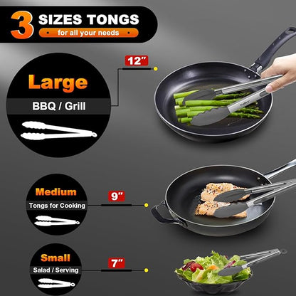 Walfos 600 Degree Heat Resistant Silicone Tongs for Cooking - Kitchen Tongs With Silicone Tips set of 3 size Food Looking Tongs (7" 9" and 12 inch Dark Grey)
