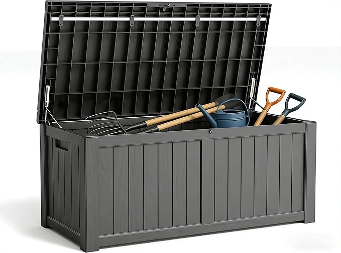 FEFLO 120 Gallon Waterproof Resin Outdoor Storage Box, Lockable & UV Resistant Patio Deck Boxes, Outside Storage for Patio Cushions, Pool Toys, Garden Tools & Package Delivery, Black