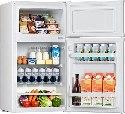Kismile 2.5 Cu.Ft Mini Fridge with Freezer, Double Door Fridge, White | Reversible Door Compact Refrigerator with Mechanical Thermostat & Removable Shelves, Quiet for Bedroom Office