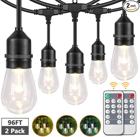 Lakumu 2-Pack 3 Color Dimmable LED Outdoor String Lights for Patio with Remotes, 96FT Waterproof Hanging Lights with Shatterproof Edison Bulbs for Bistro Backyard-Warm White/Neutral White/Daylight