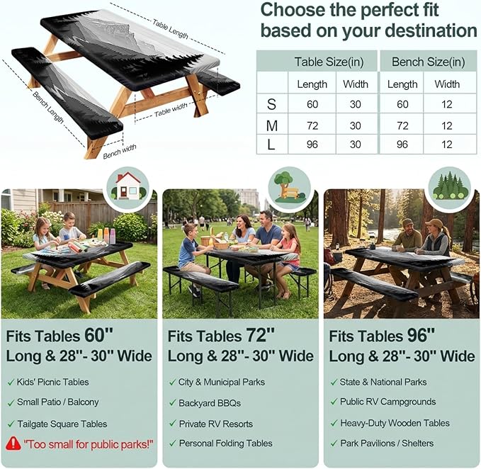 Picnic Table Cover Bench Covers Camping Essentials Tablecloth | Waterproof Vinyl for Outdoor, Windproof Elastic Fitted Edges, RV BBQ Accessories Must Haves, Storage Bag Included