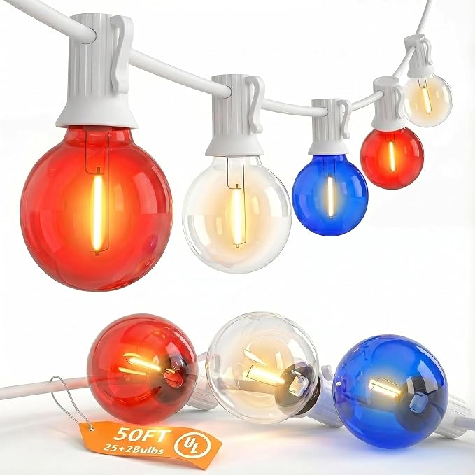 SUNSGNE 4th of July Decorations G40 LED Outdoor String Lights, 50FT Globe String Lights with 25 LED Red White and Blue Lights for Patriotic Memorial Day Decor, E12 Socket Base, White Wire