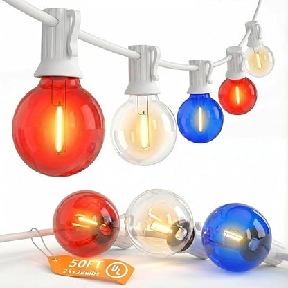 SUNSGNE 4th of July Decorations G40 LED Outdoor String Lights, 50FT Globe String Lights with 25 LED Red White and Blue Lights for Patriotic Memorial Day Decor, E12 Socket Base, White Wire