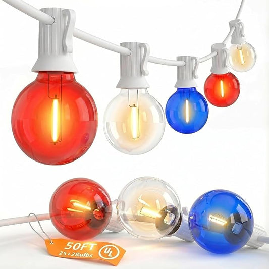 SUNSGNE 4th of July Decorations G40 LED Outdoor String Lights, 50FT Globe String Lights with 25 LED Red White and Blue Lights for Patriotic Memorial Day Decor, E12 Socket Base, White Wire