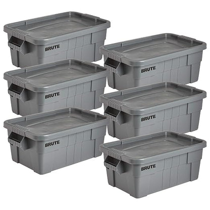 Rubbermaid Commercial Products BRUTE Tote Storage Bin with Lid, 14-Gallon, Gray, Rugged/Reusable Boxes for Moving/Camping/Garage/Basement Storage, Pack of 6